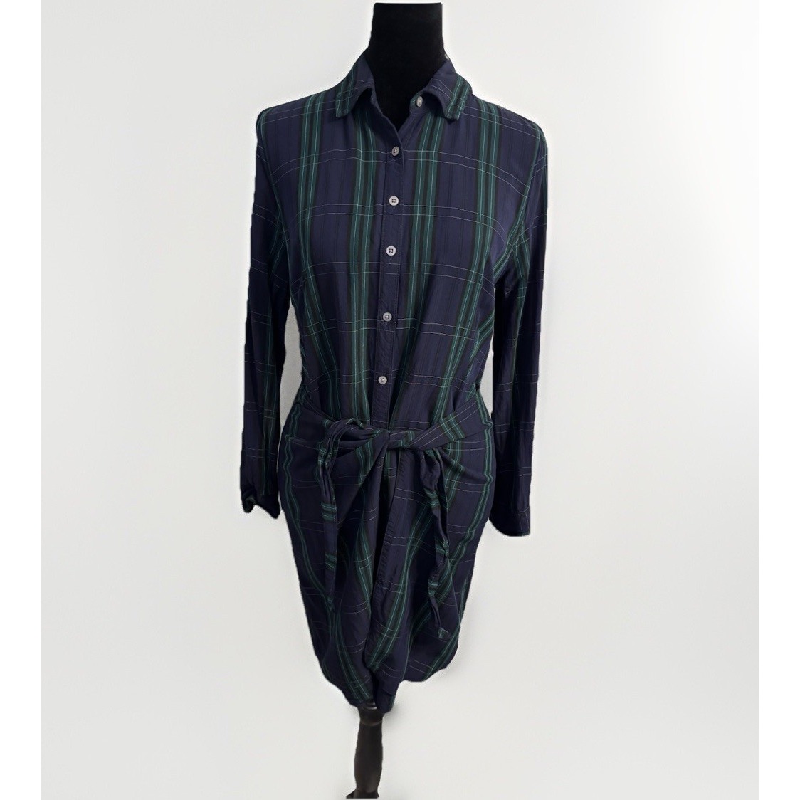 Untuckit Devon Green Plaid Tie Waist Shirt Dress Womens Size 6 Green Blue Preppy